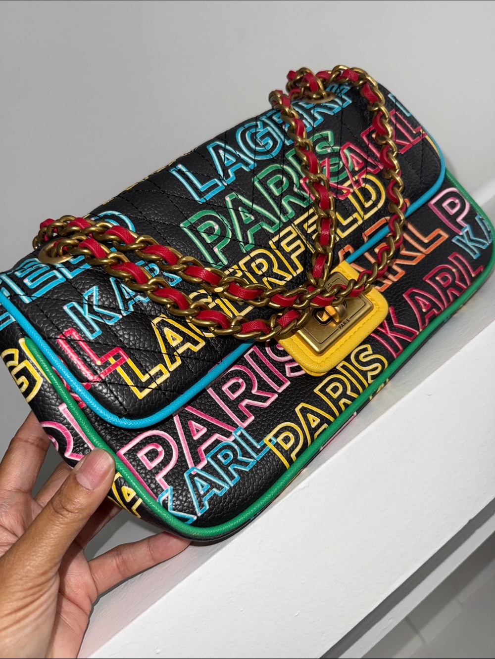 Karl Lagerfeld Black Multicolor 'Paris' Quilted Shoulder Bag